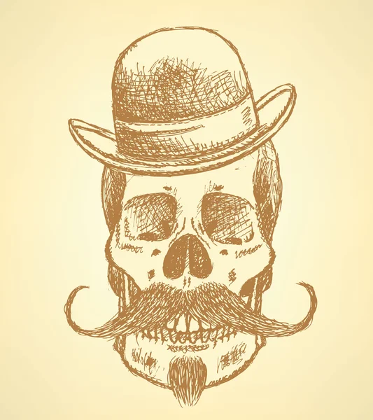 Sketch scull with mustache and in hat — Stock Vector