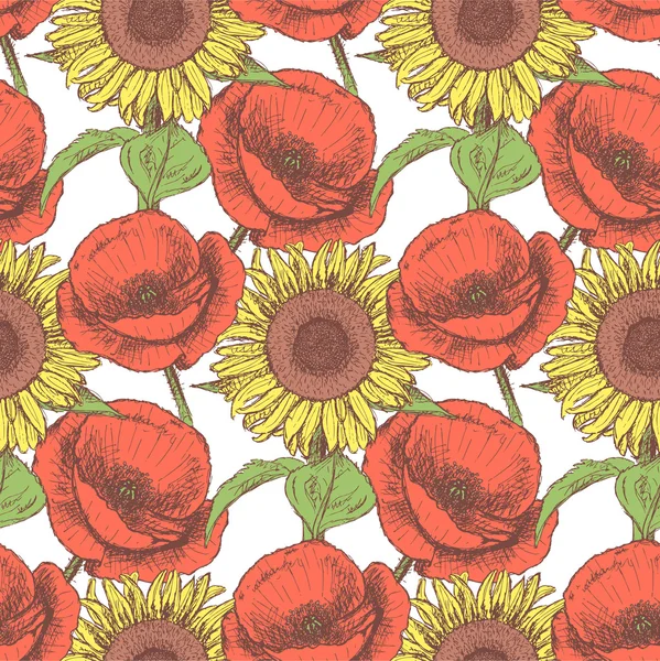 Sketch poppy and sunflower,  vintage seamless pattern — Stock Vector