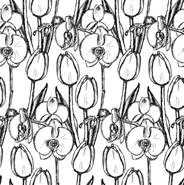 Sketch tulip and orchid, vintage seamless pattern — Διανυσματικό Αρχείο