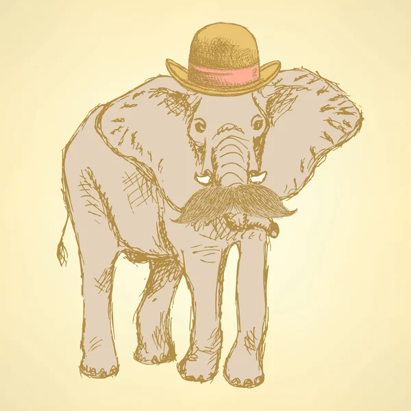 Esboço elefante em chapéu com bigode, fundo —  Vetores de Stock