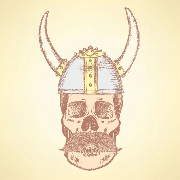 Sketch skull in viking helmet — Stock Vector