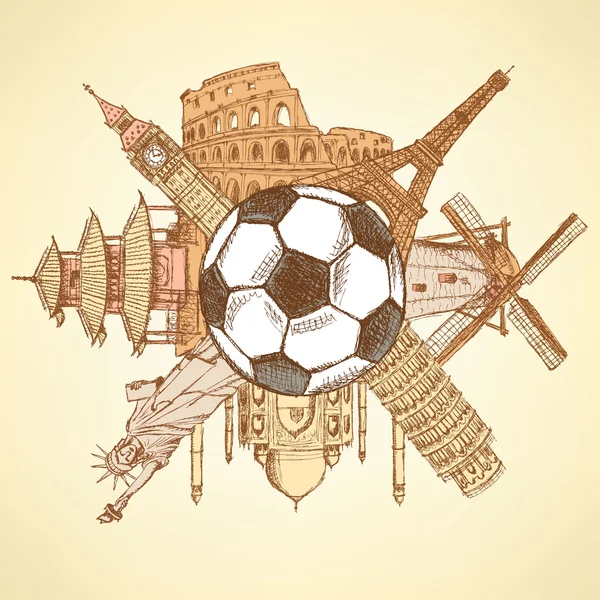 Famous architecture buildings around football ball — Stock Vector