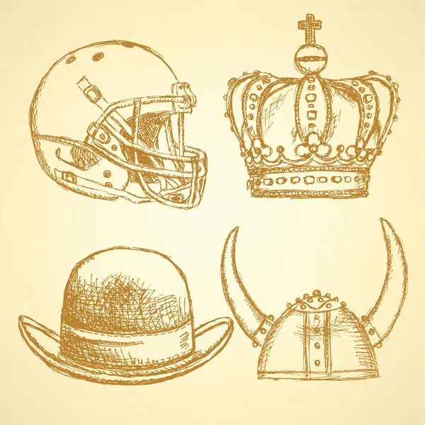 Sketch viking capacete, coroa, capacete de futebol e chapéu —  Vetores de Stock