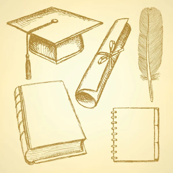 Ballagási kalap, könyv, jegyzetfüzet, toll, toll és diploma s vázlat — Stock Vector
