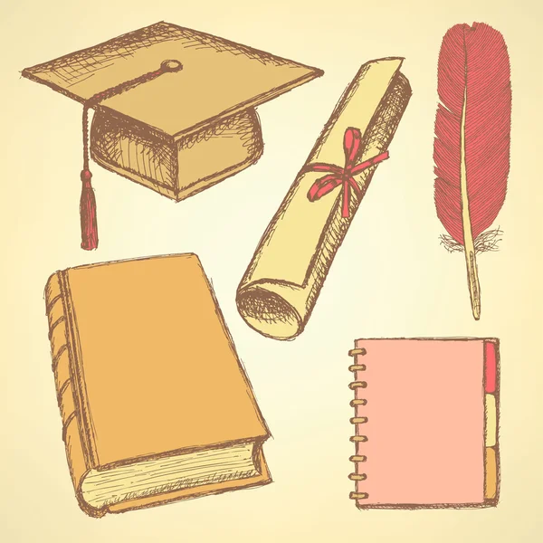 Desenho chapéu de formatura, livro, caderno, pena caneta e diploma s — Vetor de Stock