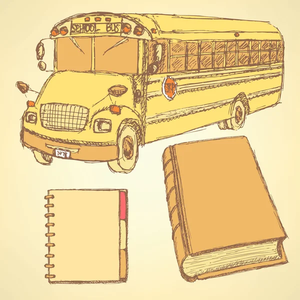 De bus van de school van de schets, boek en notebook — Stockvector