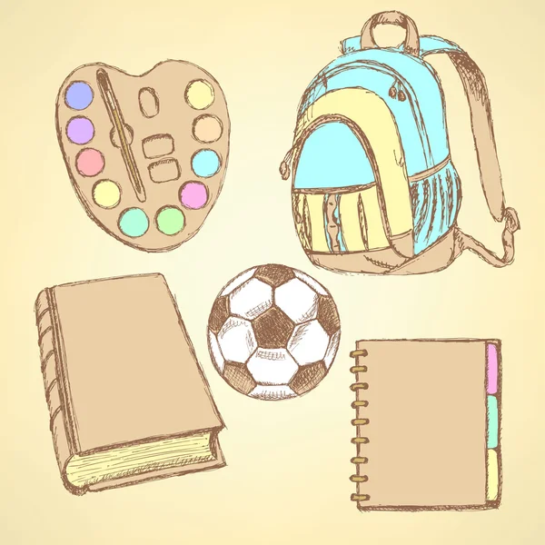 Skica batoh, Vodovky, fotbalový míč, kniha a notebook — Stockový vektor