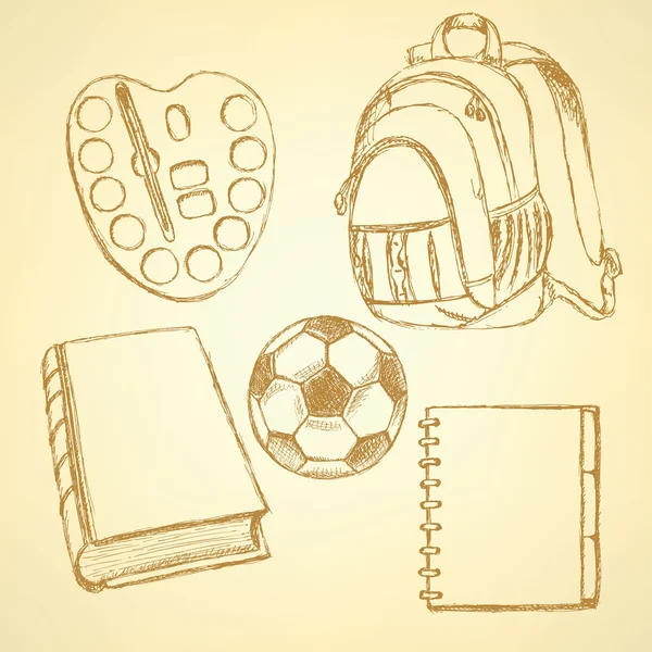 Mochila de esboço, aquarelas, bola de futebol, livro e caderno — Vetor de Stock