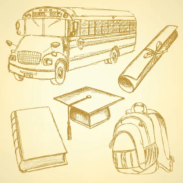 Sketch school bus, book, backpack — Stock Vector