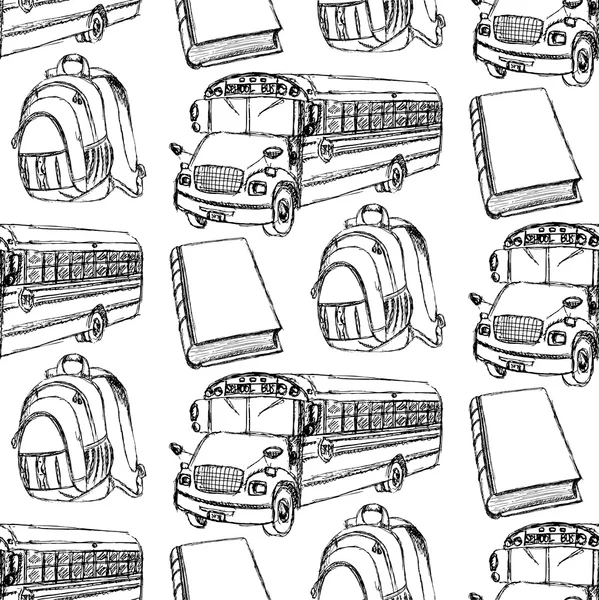 Sırt çantası, kitap ve okul otobüsü kroki — Stok Vektör