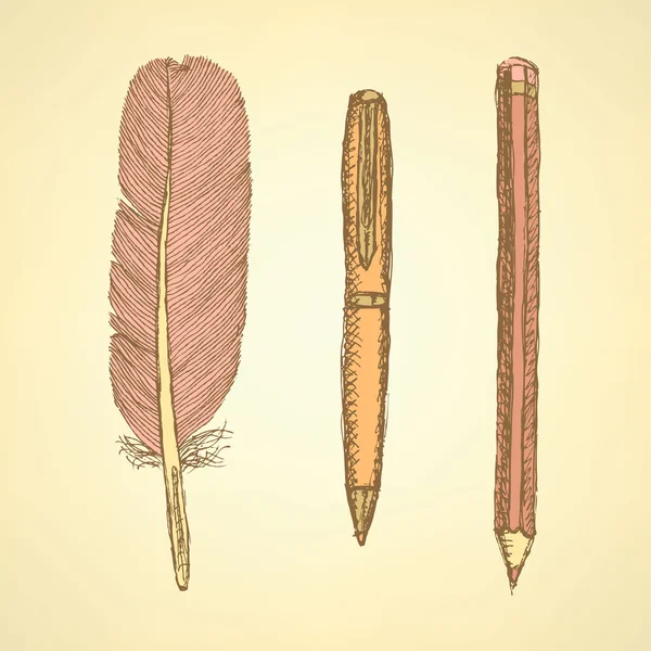 Sketch cute pen, feather and pencil in vintage style — Stock Vector