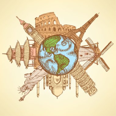 Sketch famous buildings around planet Earth clipart