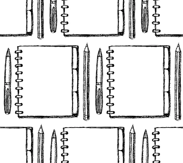 Caderno de esboço, caneta e lápis — Vetor de Stock