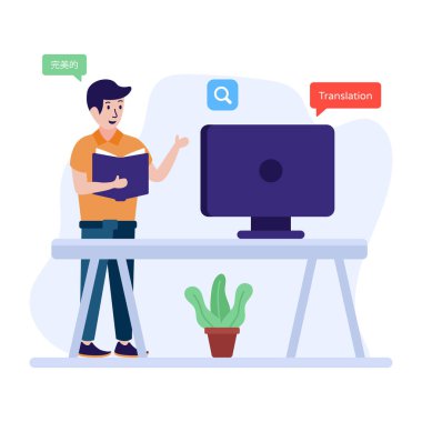 Ofisinde bilgisayarı olan bir adam. vektör illüstrasyonu