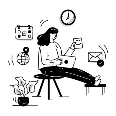 Dizüstü bilgisayarı ve kahve fincanı tasarımı çizimi olan iş kadını