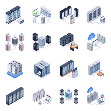 izometrik simgeye ev sahipliği yapan veri sunucuları, vektör illüstrasyonu