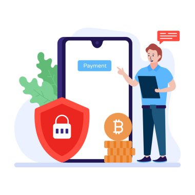 Akıllı telefonu ve kredi kartı çizimi olan bir adam.