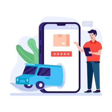 Teslimat hizmeti kavramı. Akıllı telefonu ve cep telefonu olan bir adam. vektör illüstrasyonu