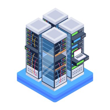 Sunucu odasının sunucu ve bilgisayarlı izometrik vektör illüstrasyonu.