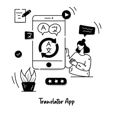 Mobil uygulama ağı kullanan kadının vektör illüstrasyonu