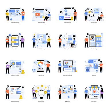 SEO modern simgeleri, pazarlama ve dijital depolama kavramının tasarım vektörü çizimi