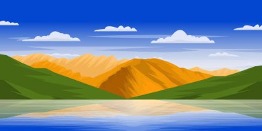 Mavi gökyüzü ve güneşli dağ manzarası, vektör illüstrasyonu