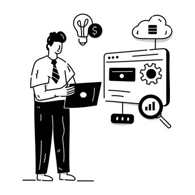 Dizüstü bilgisayarı ve bulut hesaplama vektör çizimi tasarımı olan iş adamı