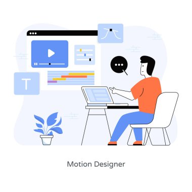 Düz dizayn konsepti, dizüstü bilgisayar ikonu ve ofisteki insanlar. vektör illüstrasyonu