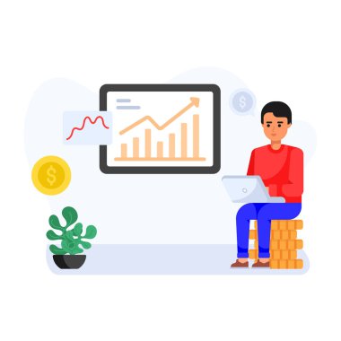 Dizüstü bilgisayarı ve grafik vektör çizimi tasarımı olan iş adamı