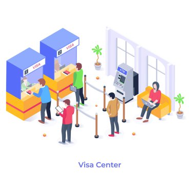 Vize merkezindeki bir grup insanın izometrik vektör çizimi