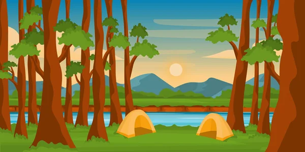 在河边有营地的野营帐篷 — 图库矢量图片