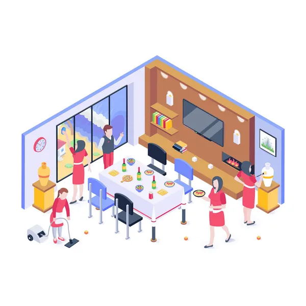 Isometric People Room Interior Vector Illustration — Stock Vector