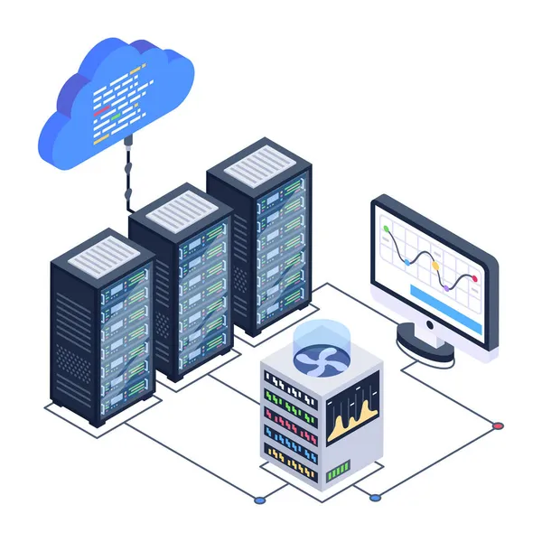 Хмарна Обчислювальна Серверна Кімната Серверами Дизайном Бази Даних Векторні Ілюстрації — стоковий вектор