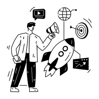 Roket ve bulut hesaplama vektör çizimine sahip iş adamı