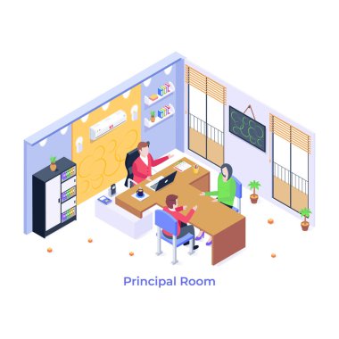 Odanın içinde insanlar ve mobilyalarla birlikte izometrik bir iç mekan. vektör illüstrasyonu