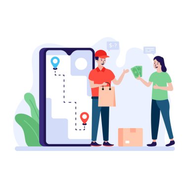 Çevrimiçi alışveriş, cep telefonu ve elinde harita olan kadın, vektör illüstrasyonu.