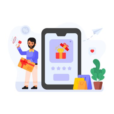 İnternetten alışveriş. Akıllı telefonu ve kalbi olan bir kadın. vektör illüstrasyonu.