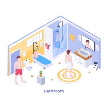 İnsanlarla dolu modern bir otel odasının izometrik iç mekanı. Çizgi film tarzında vektör illüstrasyonu.