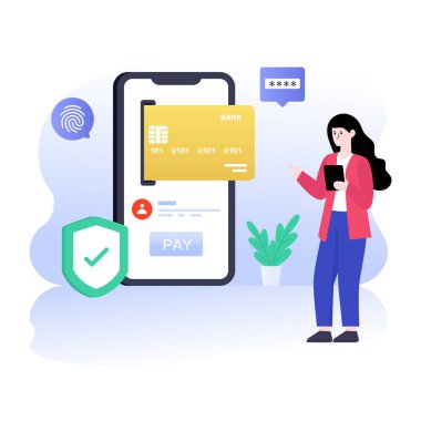 Akıllı telefonu ve internet üzerinden ödeme vektörü çizimi olan kredi kartı olan bir kadın.