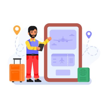 Akıllı telefon ve harita işaretleyici illüstrasyonlu panoya sahip adam