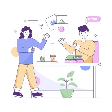 Dizüstü bilgisayarda çalışan bir kadın ve erkeğin vektör çizimi.