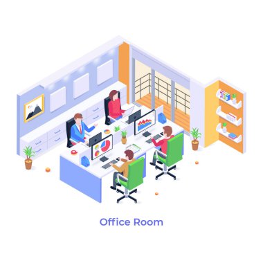 Modern ofis odasının izometrik iç mekanı. vektör illüstrasyonu