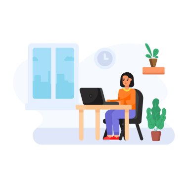 Dizüstü bilgisayar vektör illüstrasyon tasarımı ile çalışan genç kadın