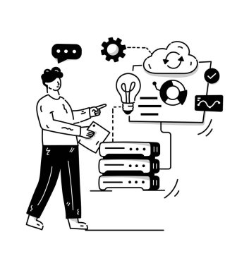Dizüstü bilgisayarı ve bulut hesaplama vektörü çizimi olan adam