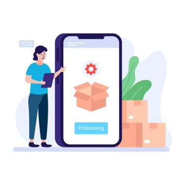 Akıllı telefonlu teslimatçı ve kutu vektör çizimi tasarımlı.