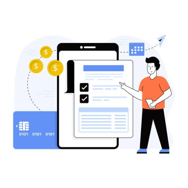 Akıllı telefonu ve kredi kartı vektör çizimi olan bir adam