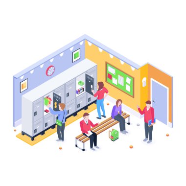 İnsanların izometrik çizimi ve mağazanın içi