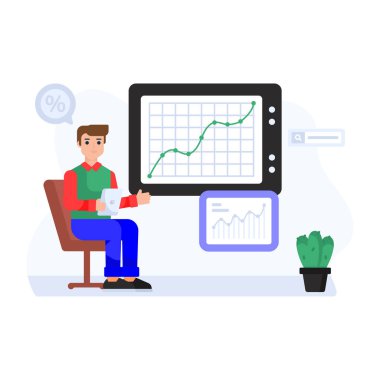 Dizüstü bilgisayarı ve grafik çizelgesi çizimi olan iş adamı