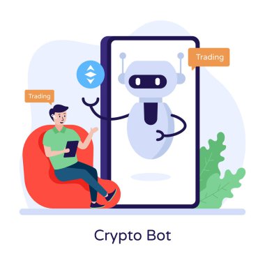 Akıllı telefonu ve robot vektör çizimi olan bir adam.