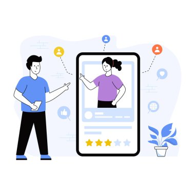 Akıllı telefonu ve sosyal ağ vektör illüstrasyonu olan bir adam